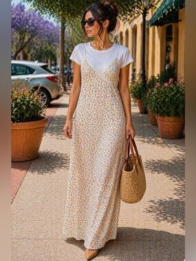 No Boundaries Cream Floral Maxi Slip Dress with White Tee